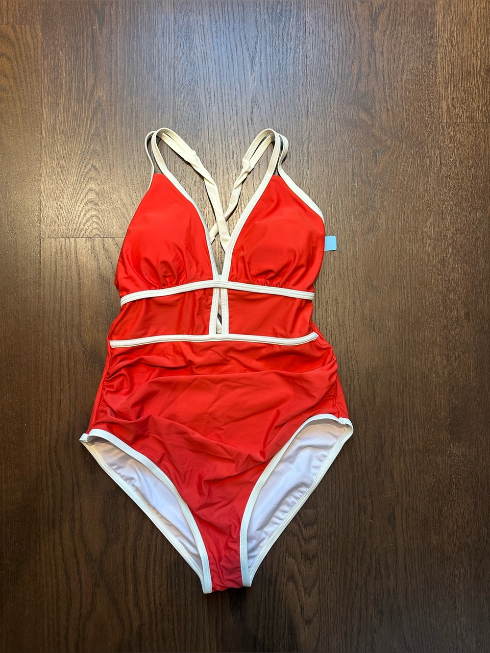Red One-Piece Swimsuit with Ivory Trim — V-Neck, Supportive Straps